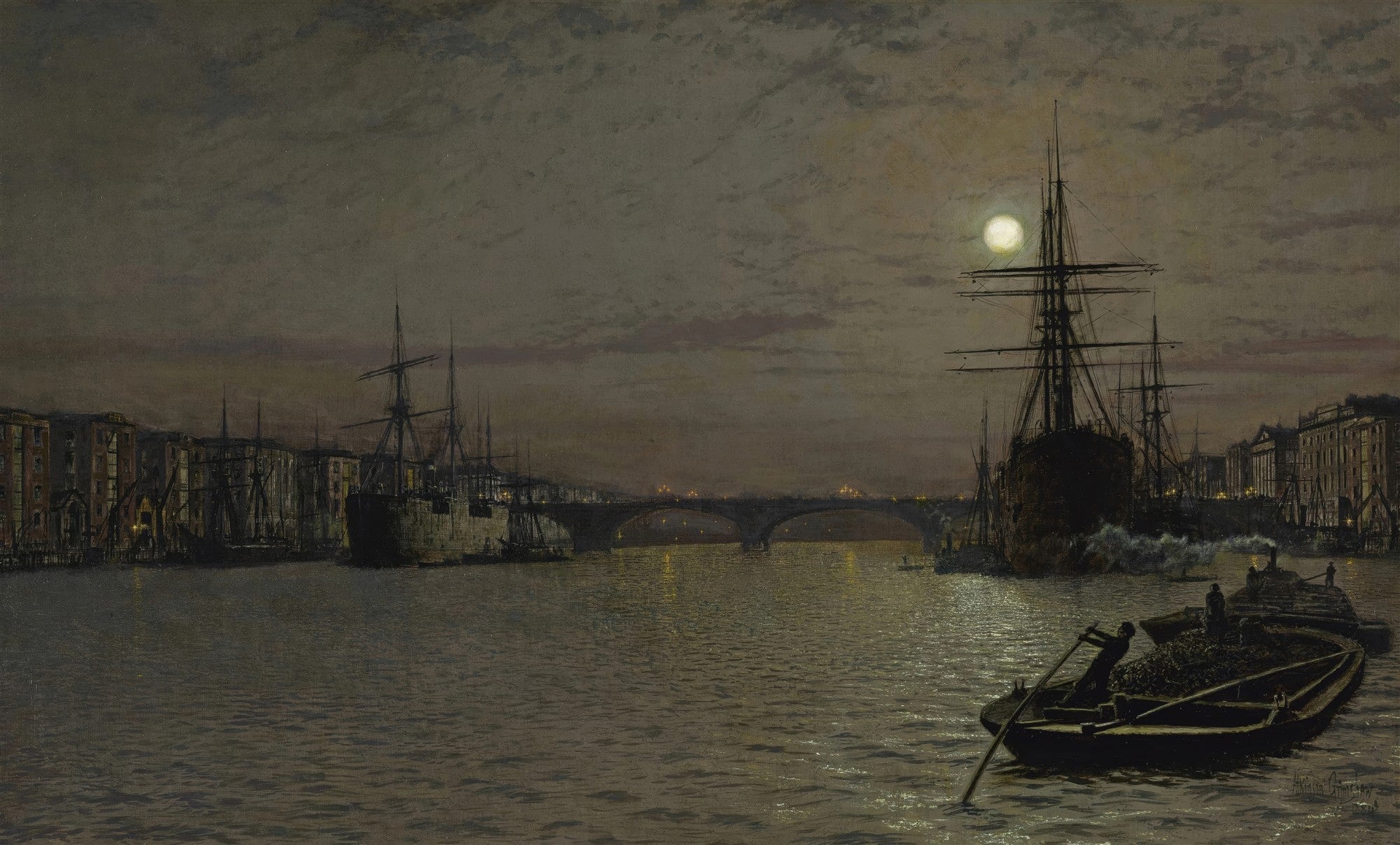 Quadro de John Atkinson Grimshaw, mostrando um porto noturno com navios ancorados e um barco a remo em primeiro plano, sob a luz de uma lua cheia.