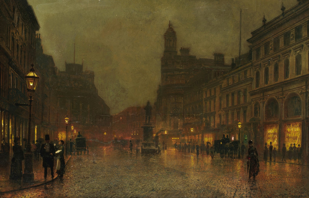 Uma pintura a óleo de John Atkinson Grimshaw retratando uma rua movimentada de Londres à noite, iluminada por lampiões e vitrines, com pessoas e carruagens sob um céu nublado e úmido.