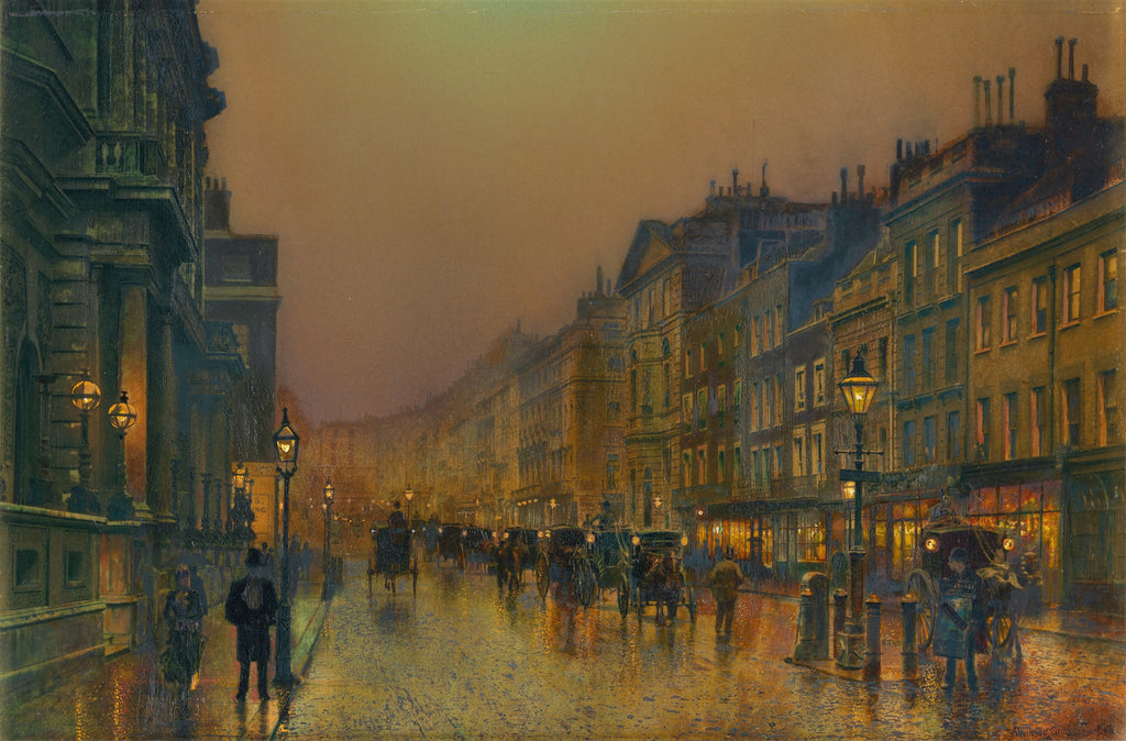 Quadro decorativo com pintura a óleo de uma rua de Londres à noite, sob a chuva, com luzes de lampiões e vitrines refletindo no asfalto molhado, pessoas caminhando e carruagens.