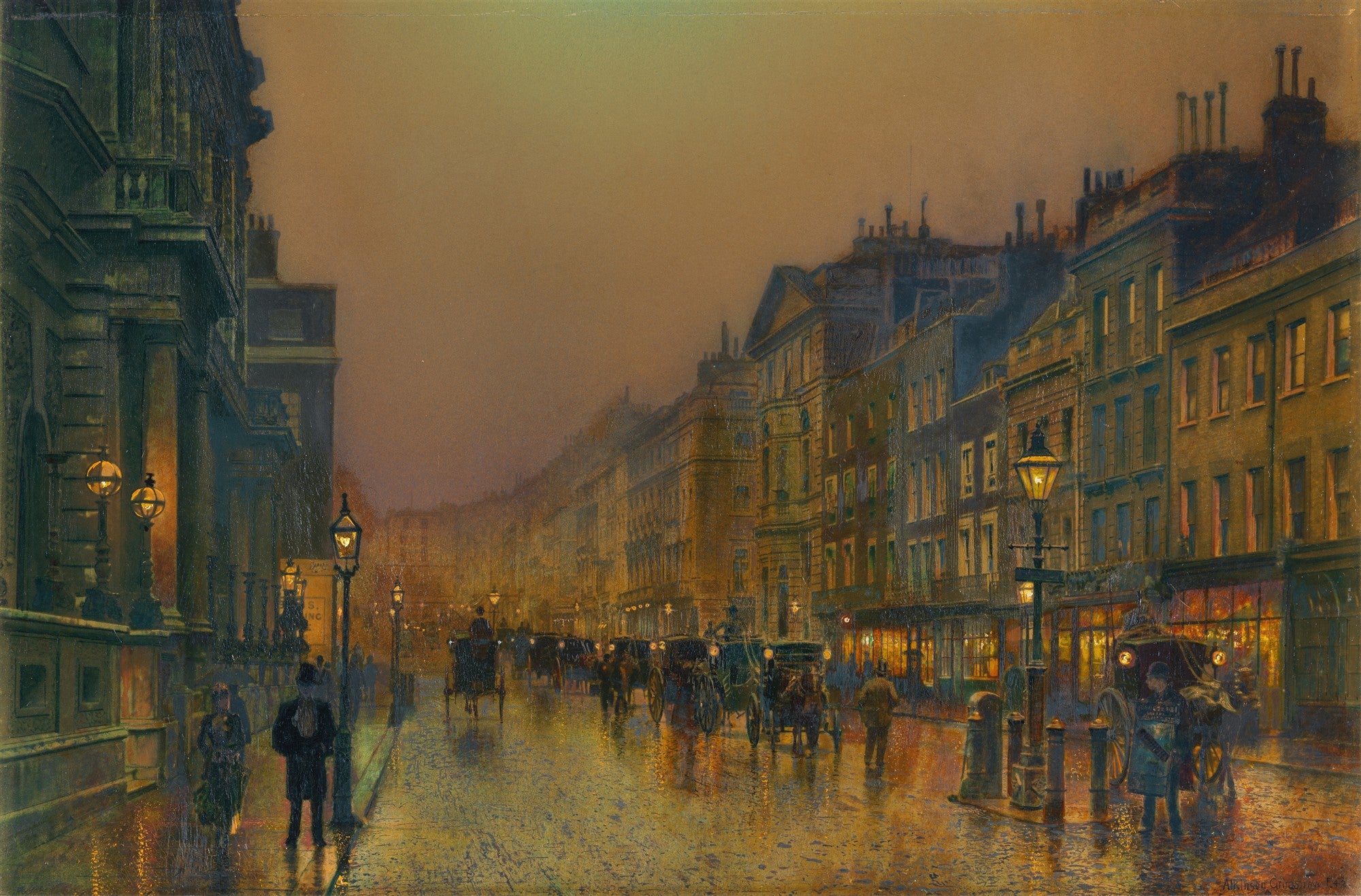 Quadro decorativo com pintura a óleo de uma rua de Londres à noite, sob a chuva, com luzes de lampiões e vitrines refletindo no asfalto molhado, pessoas caminhando e carruagens.