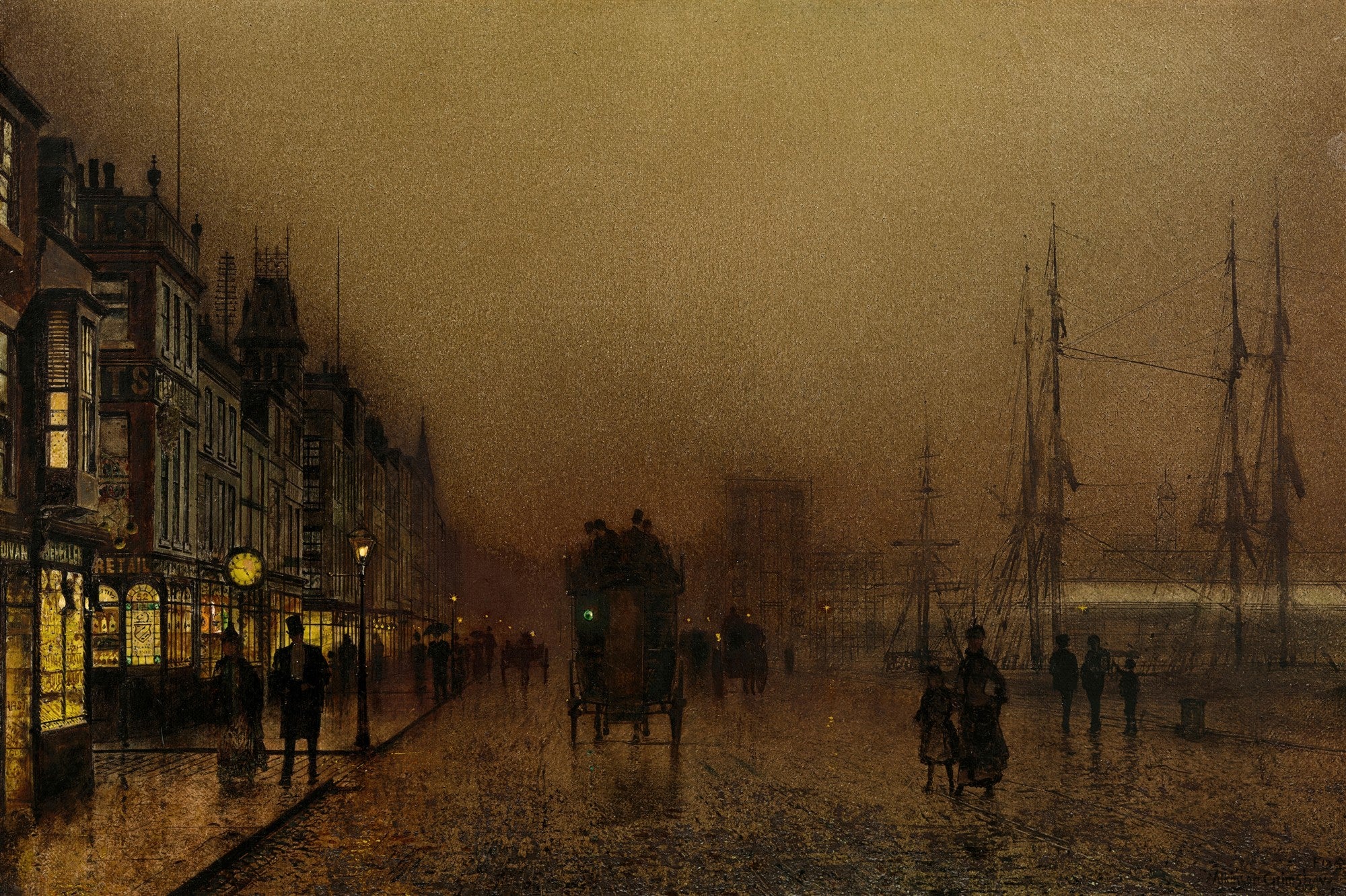 Quadro decorativo noturno de cidade portuária com ruas molhadas, figuras caminhando, carruagem e navios no fundo, iluminado por luzes amarelas de lampiões e janelas, atribuído a John Atkinson Grimshaw.