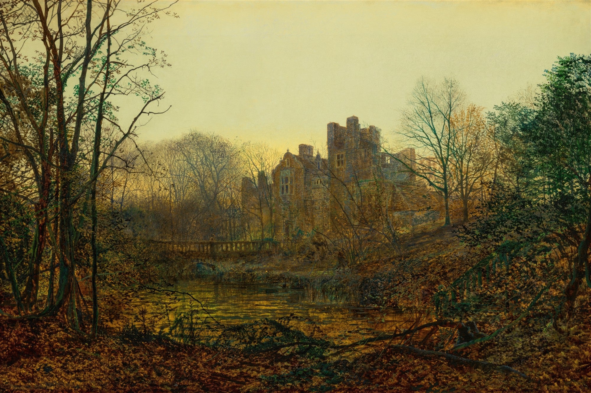 Quadro decorativo de uma paisagem vitoriana noturna ou crepuscular com um castelo antigo em ruínas entre árvores escuras, refletido em um lago ou rio, sob um céu claro e suavemente iluminado. Obra de John Atkinson Grimshaw.