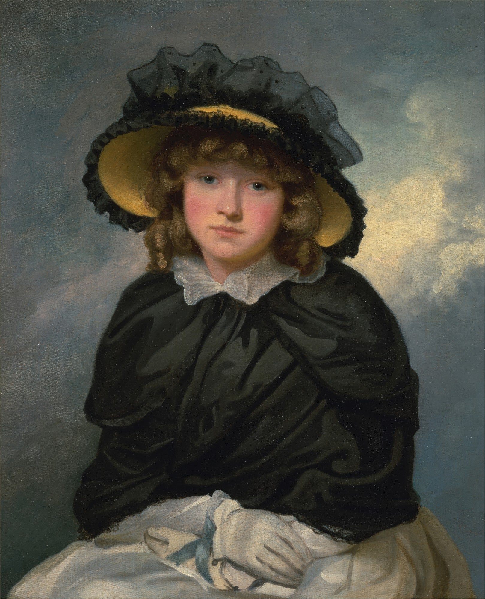 Retrato de uma jovem menina com cabelos cacheados ruivos e bochechas rosadas, usando um chapéu amarelo de abas largas com detalhes em renda preta e um vestido escuro com gola branca, em um fundo azul esfumaçado. A imagem é uma obra atribuída a John Hoppner.