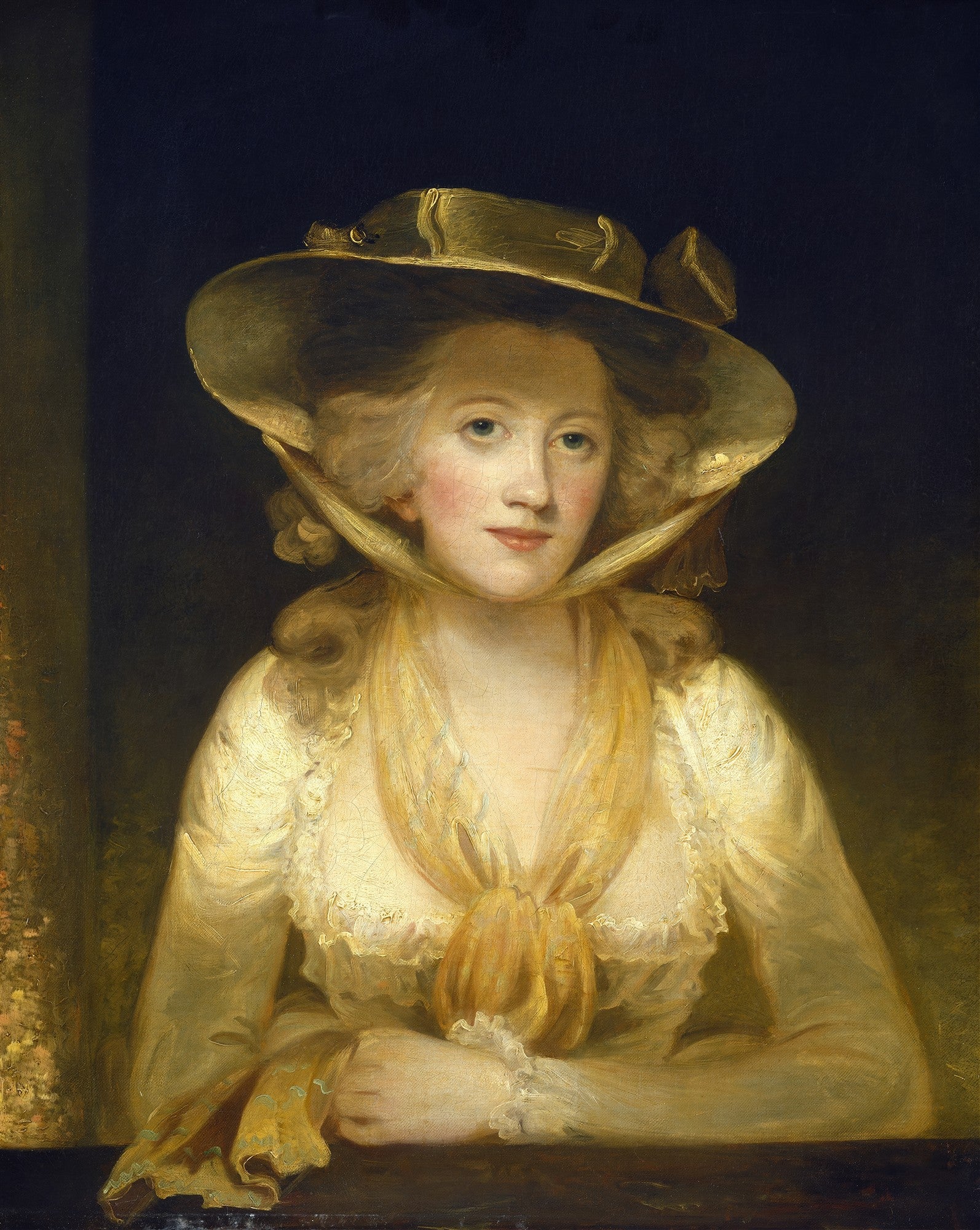 Retrato a óleo de uma senhora com chapéu de abas largas e lenço amarelo, atribuído a John Hoppner. A mulher tem pele clara, cabelo loiro e olhos azuis, e veste uma blusa rendada em tons claros. O fundo é escuro.