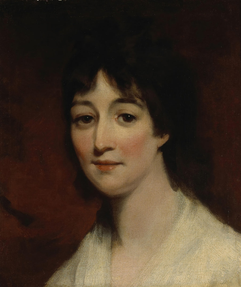 Retrato feminino atribuído a John Hoppner, com cabelos escuros e olhar sereno, em tons terrosos e pele clara.