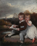 Pintura a óleo de John Hoppner, 'The Hoppner Children', retratando duas crianças, um menino desenhando e uma menina observando, em paisagem com céu nublado e igreja ao fundo.