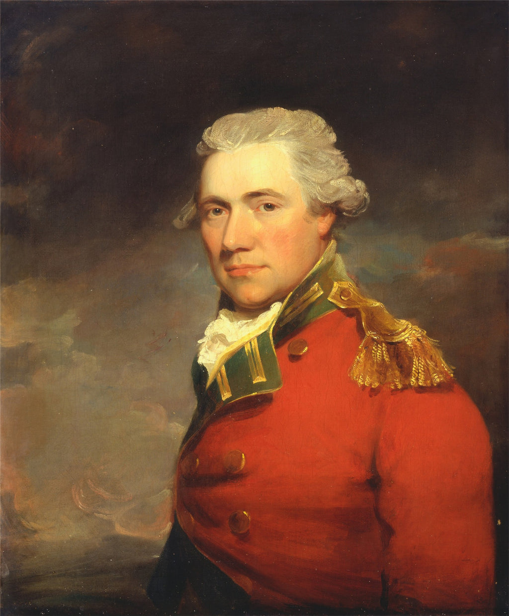 Retrato de um oficial militar do século XVIII, com peruca branca e casaco vermelho e verde, pintado por John Hoppner.