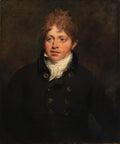 Retrato a óleo de um jovem cavalheiro com cabelo avermelhado e despenteado, veste um casaco escuro com botões dourados e um colarinho branco volumoso, sobre um fundo escuro.