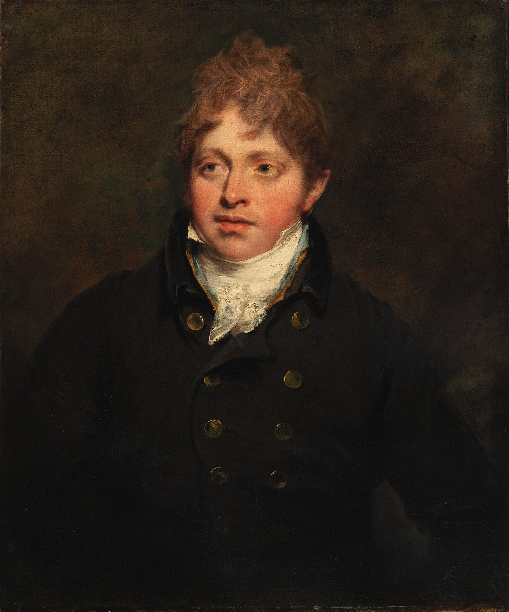 Retrato a óleo de um jovem cavalheiro com cabelo avermelhado e despenteado, veste um casaco escuro com botões dourados e um colarinho branco volumoso, sobre um fundo escuro.