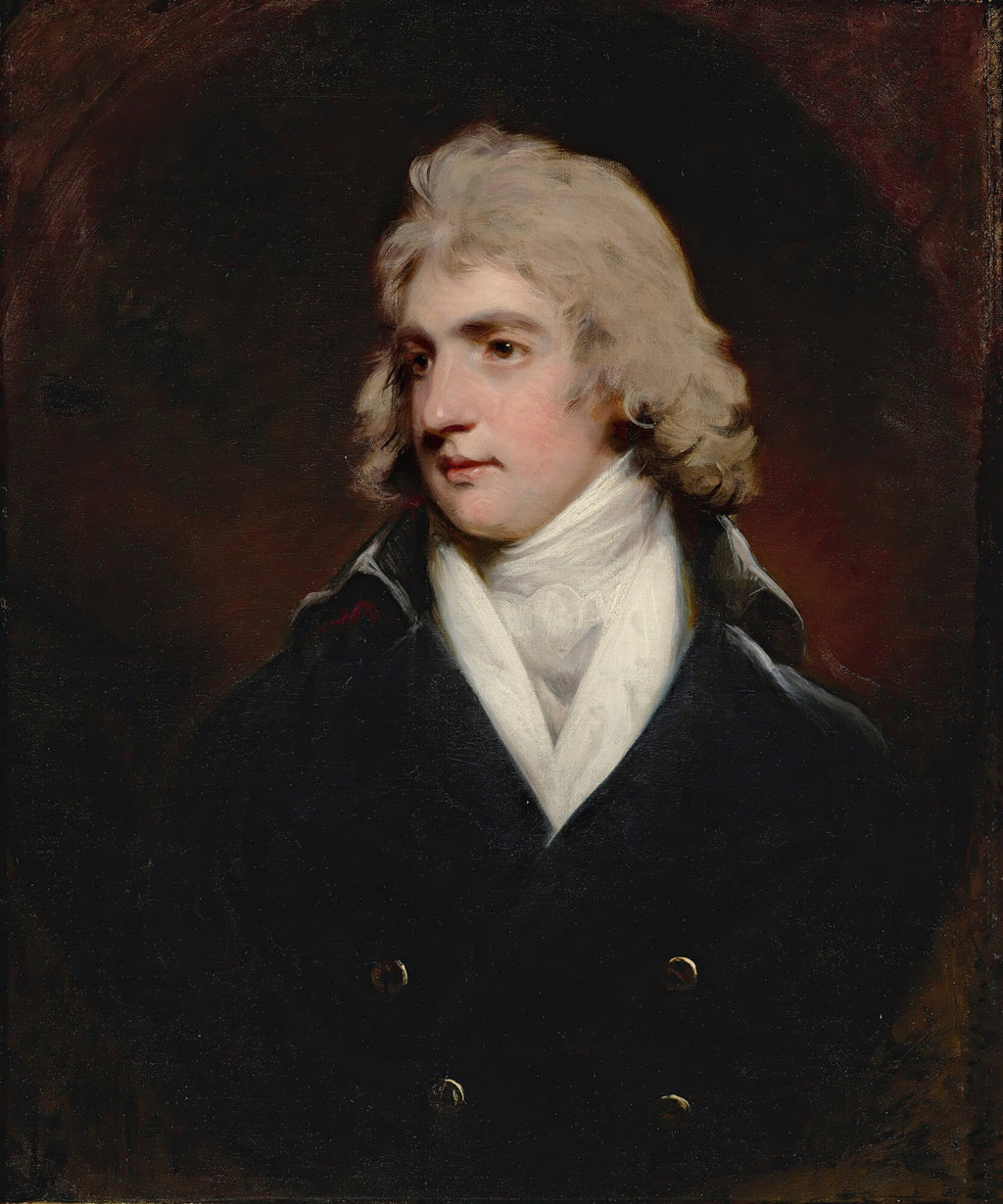 Retrato de um jovem cavalheiro com cabelo claro e casaco escuro, pintado por John Hoppner, em estilo clássico.