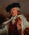 Retrato a óleo de um cavalheiro do século XVIII, com peruca branca, chapéu preto e vestes vermelhas e brancas, olhando fixamente para o espectador. A pintura possui um fundo marrom escuro.