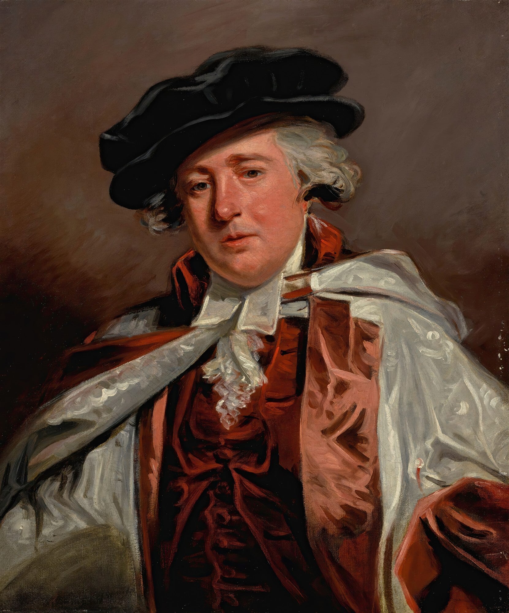 Retrato a óleo de um cavalheiro do século XVIII, com peruca branca, chapéu preto e vestes vermelhas e brancas, olhando fixamente para o espectador. A pintura possui um fundo marrom escuro.