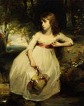Retrato de uma jovem com vestido branco e cinto vermelho, segurando um cesto de palha, em uma paisagem florestal, obra de John Hoppner. A menina tem cabelos castanhos e olhar pensativo.