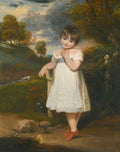 Retrato de uma criança com sapatos vermelhos, atribuído a John Hoppner, em paisagem campestre. A menina veste um vestido branco e tem cabelo castanho. O fundo apresenta árvores e um céu nublado.