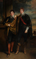 Retrato a óleo de dois jovens cavalheiros do século XVIII, um com manto dourado e o outro com faixa vermelha, em pose formal, atribuído a John Hoppner.