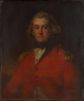 Retrato de um homem em casaco vermelho, cabelo claro, olhar sério, contra um fundo escuro, atribuído a John Hoppner.