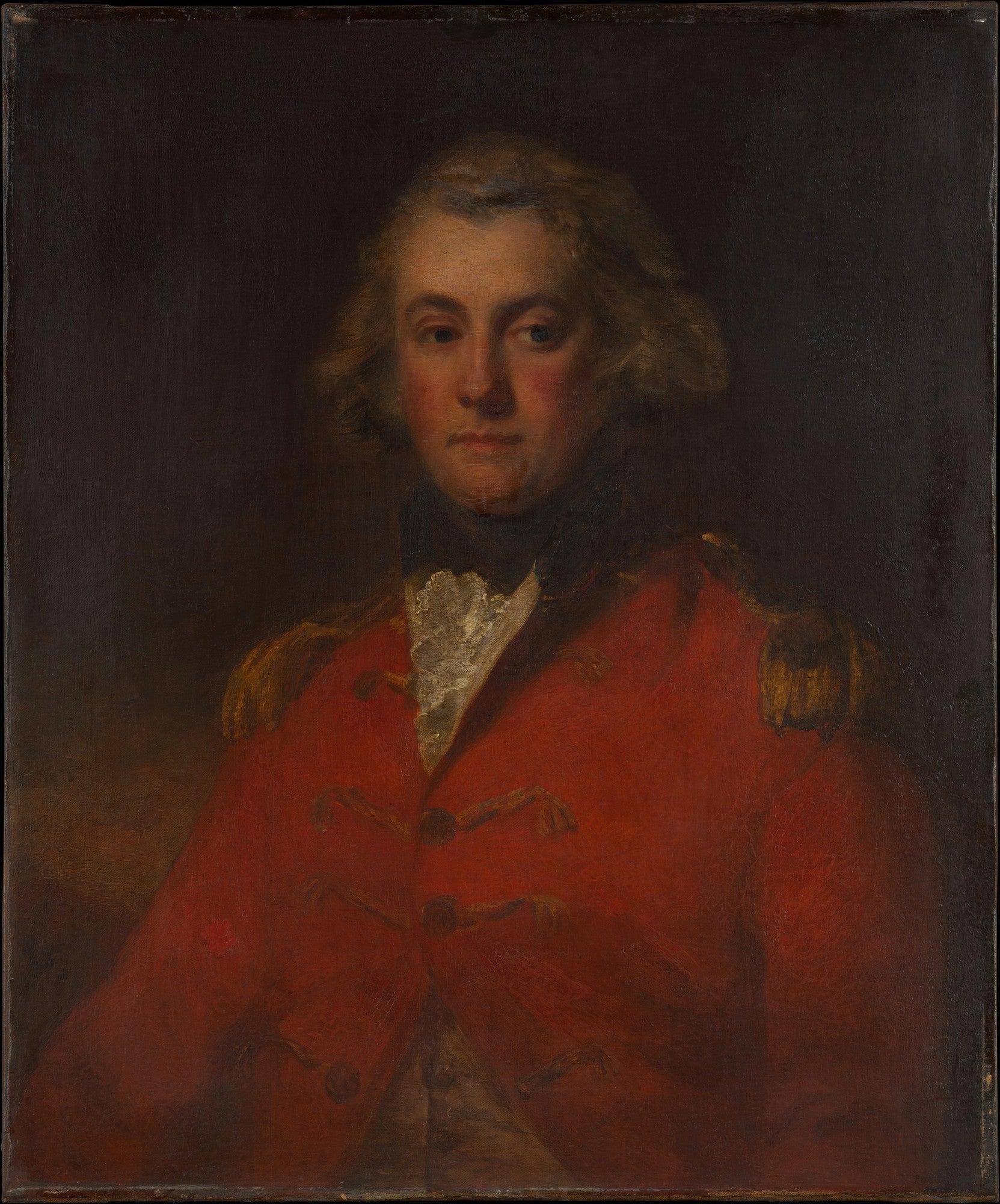 Retrato de um homem em casaco vermelho, cabelo claro, olhar sério, contra um fundo escuro, atribuído a John Hoppner.