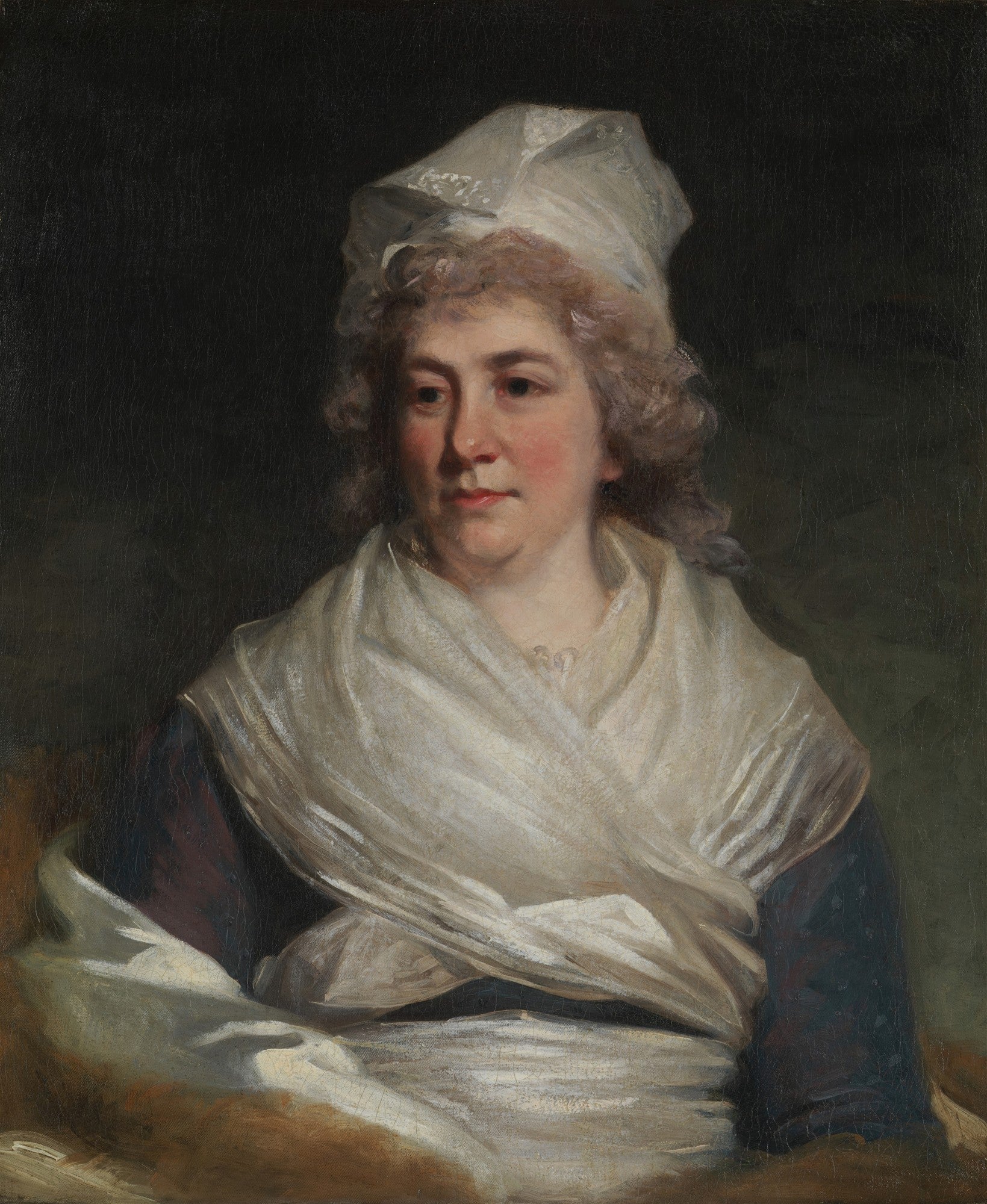 Retrato de uma mulher de meia-idade com cabelos cacheados e um lenço branco cobrindo a cabeça e ombros, atribuído a John Hoppner.