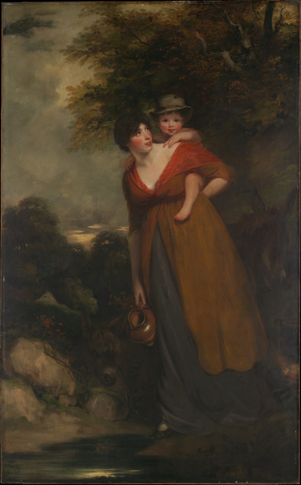 Quadro decorativo com pintura de John Hoppner, mostrando uma mulher jovem de perfil, carregando um bebê nas costas, em uma paisagem com árvores e um riacho. A mulher veste um xale vermelho e um vestido marrom, e o bebê usa um chapéu. Ambos olham para a esquerda, fora do quadro.