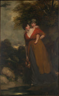 Quadro decorativo com pintura de John Hoppner, mostrando uma mulher jovem de perfil, carregando um bebê nas costas, em uma paisagem com árvores e um riacho. A mulher veste um xale vermelho e um vestido marrom, e o bebê usa um chapéu. Ambos olham para a esquerda, fora do quadro.