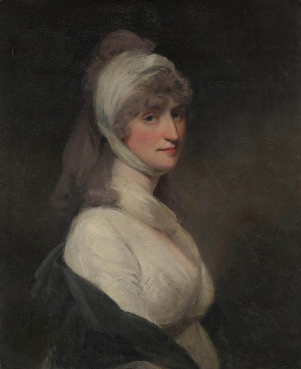 Retrato de uma dama com vestes brancas e um lenço na cabeça, em estilo clássico, atribuído a John Hoppner.