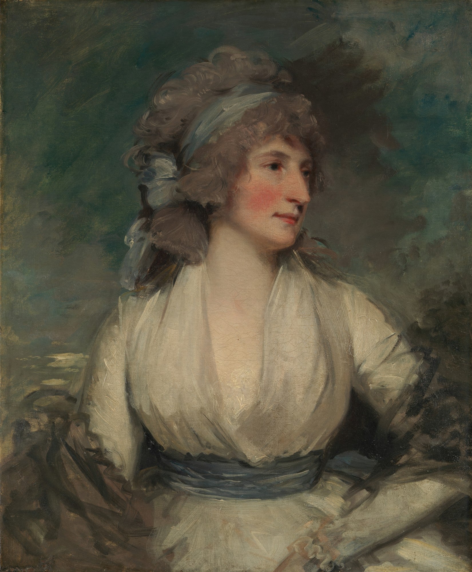 Retrato a óleo de John Hoppner, mostrando uma mulher com cabelo encaracolado e uma fita azul na cabeça, vestindo uma túnica branca e faixa azul, com um fundo verde-azulado escuro.