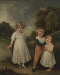 Pintura a óleo de três crianças pequenas, com cabelos loiros cacheados, em um paisagem campestre. Uma menina de vestido branco está à esquerda, um menino de calças marrons e casaco azul está no centro segurando a mão de uma criança menor, também de vestido branco, à direita. O céu é nublado e dramático, e árvores escuras se erguem ao fundo.