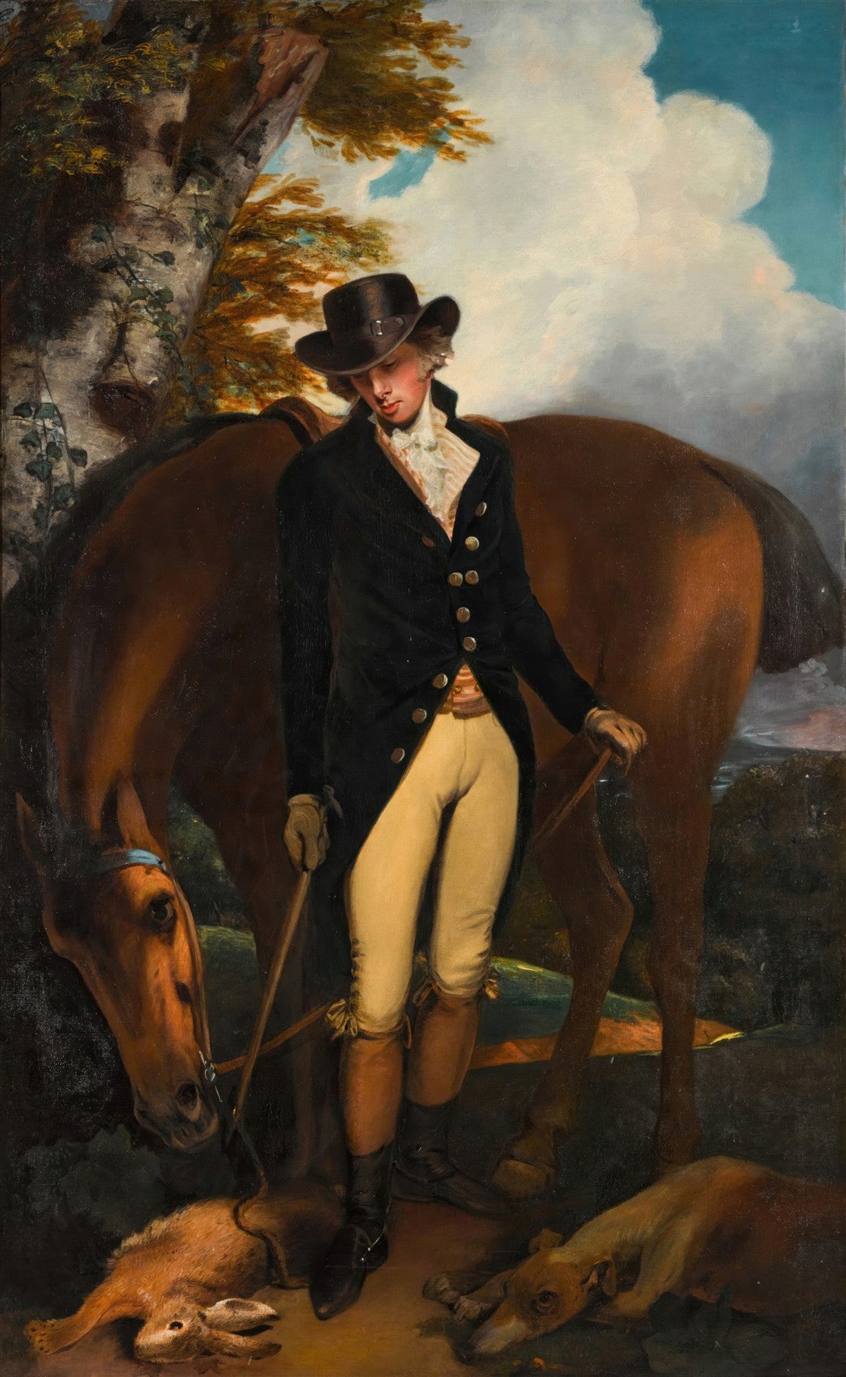 Retrato de um jovem caçador aristocrático com chapéu, em pé ao lado de seu cavalo, cães e lebre abatida no campo, obra de John Hoppner.