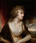Retrato de uma dama com cabelo cacheado e faixa dourada, vestindo um vestido branco e xale escuro, com um colar de pérolas, pintada por John Hoppner