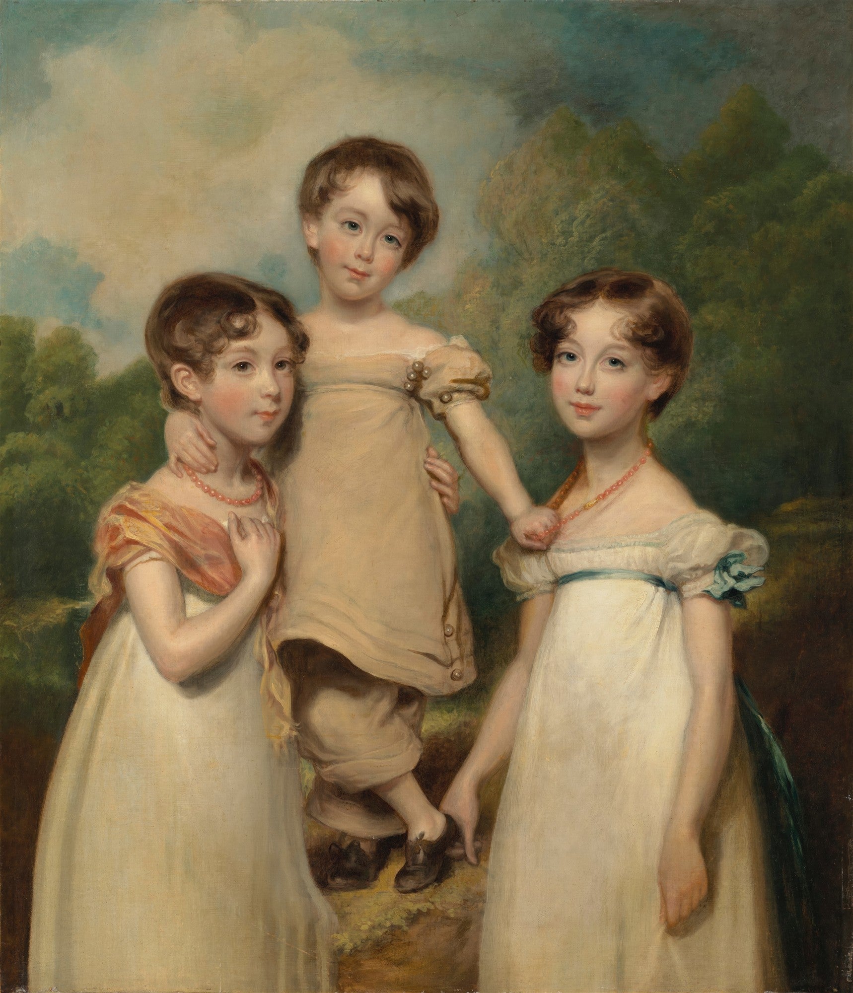 Pintura a óleo de John Hoppner intitulada 'The Douglas Children', retratando três crianças em vestes claras e leves em um cenário de paisagem campestre. Duas meninas e um menino com expressões gentis e olhos brilhantes, exibindo a inocência da infância do século XVIII.
