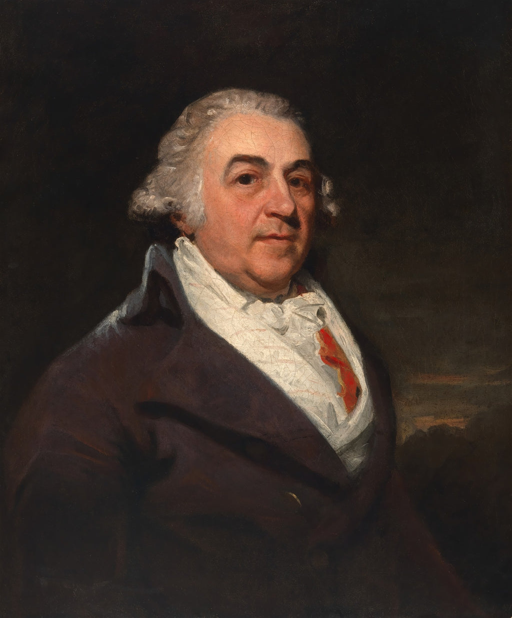 Quadro decorativo com retrato de um homem de meia-idade, cabelos brancos e rosto sério, em um fundo escuro, pintado por John Hoppner.