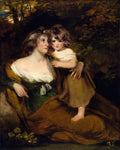 Retrato a óleo de John Hoppner mostrando uma mulher em vestido verde e branco abraçando uma criança pequena em um cenário natural escuro. A mulher e a criança têm expressões serenas.