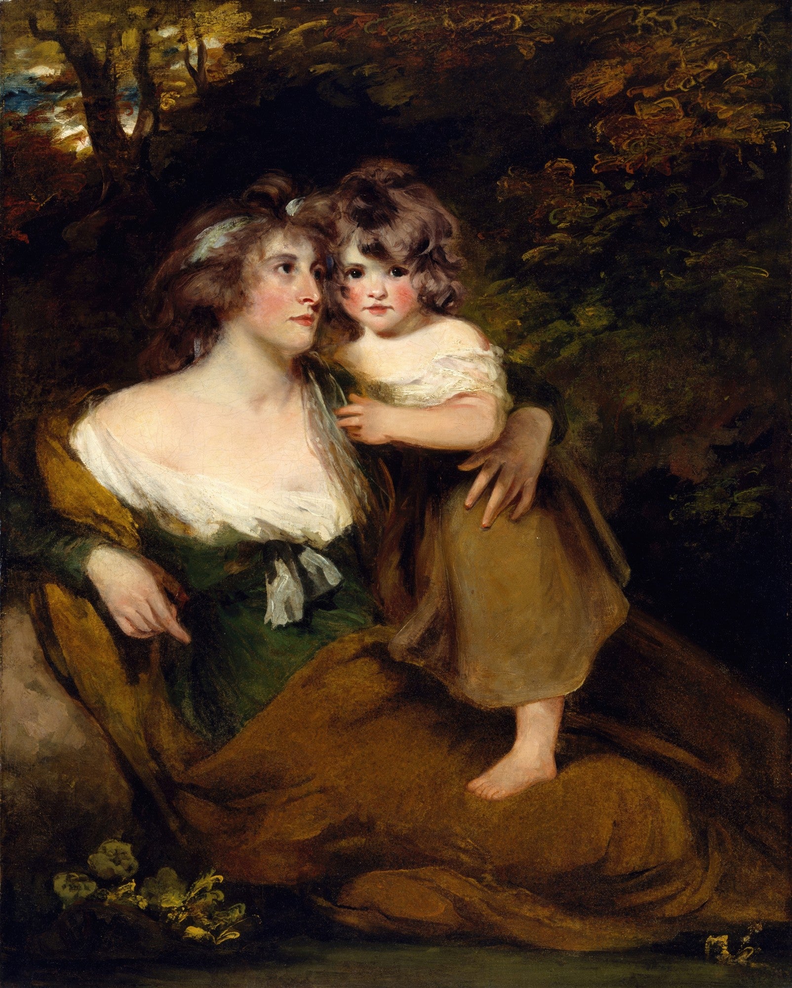 Retrato a óleo de John Hoppner mostrando uma mulher em vestido verde e branco abraçando uma criança pequena em um cenário natural escuro. A mulher e a criança têm expressões serenas.