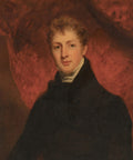 Retrato de um jovem cavalheiro com cabelo castanho cacheado e olhos claros, vestindo um casaco escuro e gola branca, contra um fundo avermelhado escuro, atribuído a John Hoppner.
