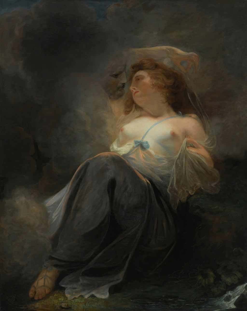 Quadro decorativo "A Ninfa Adormecida" de John Hoppner, representando uma mulher seminua reclinada em nuvens escuras e envolta em tecidos esvoaçantes, com uma figura masculina fantasmagórica ao fundo.