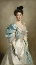 Retrato de Lady Agnew de Lochnaw, uma mulher elegante com cabelo escuro preso, vestindo um vestido branco e azul claro, com um leque na mão, pintado por John Singer Sargent.