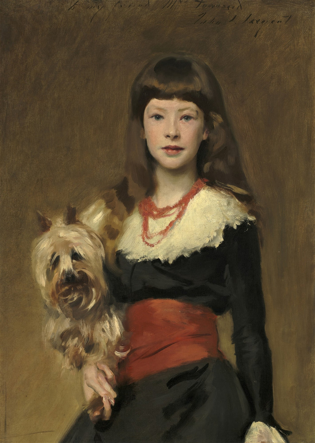 Retrato de menina de cabelos castanhos e franja, vestindo um vestido preto com gola branca e faixa vermelha, segurando um cachorro pequeno e peludo de cor clara. A menina tem um colar de contas vermelhas. Fundo marrom neutro. Obra de John Singer Sargent.