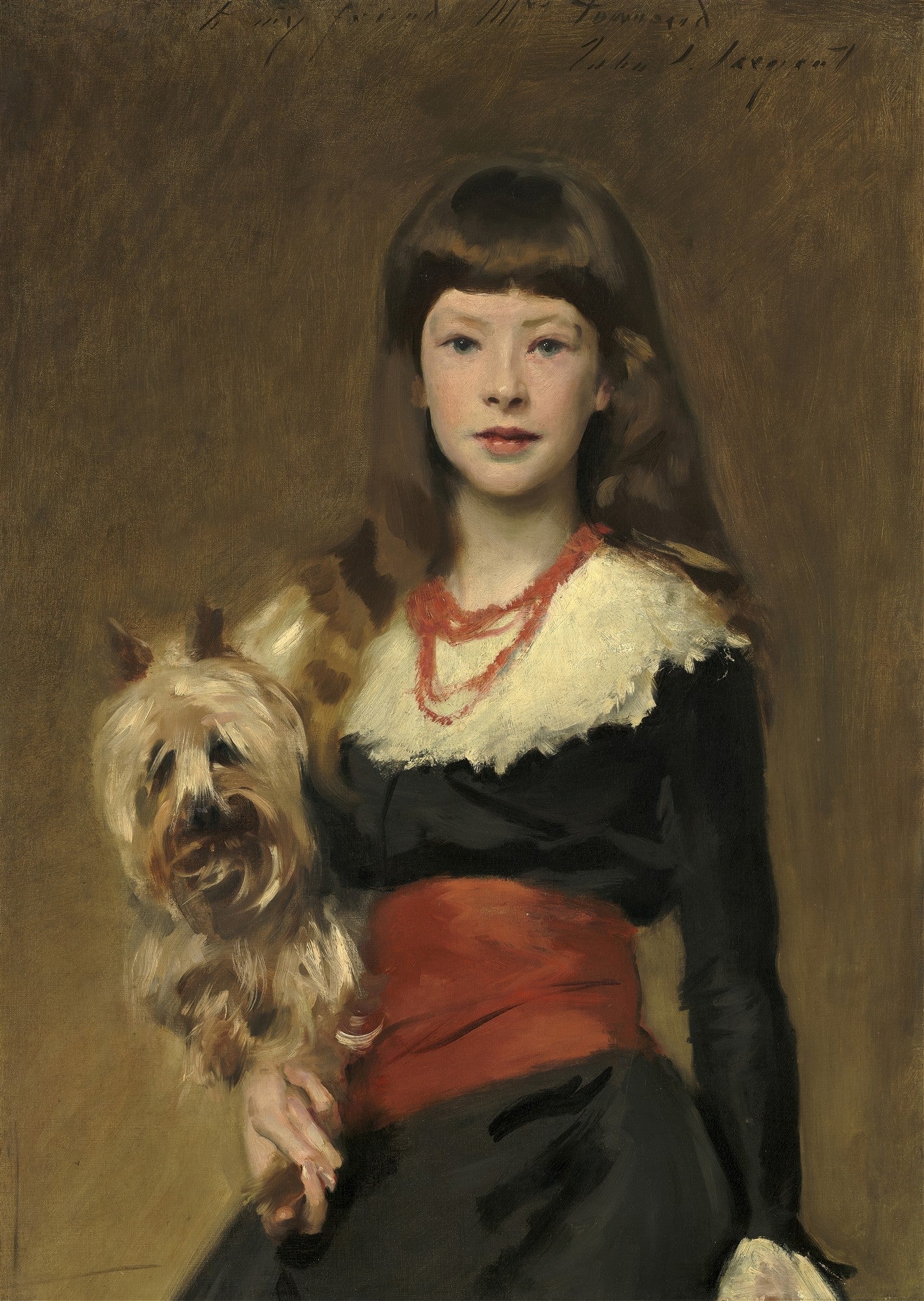 Retrato de menina de cabelos castanhos e franja, vestindo um vestido preto com gola branca e faixa vermelha, segurando um cachorro pequeno e peludo de cor clara. A menina tem um colar de contas vermelhas. Fundo marrom neutro. Obra de John Singer Sargent.