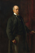Retrato a óleo de um homem de meia-idade com bigodes, vestindo um terno escuro e camisa branca, com olhar direto e postura elegante, em um fundo escuro com detalhes de madeira à direita. Atribuído a John Singer Sargent.
