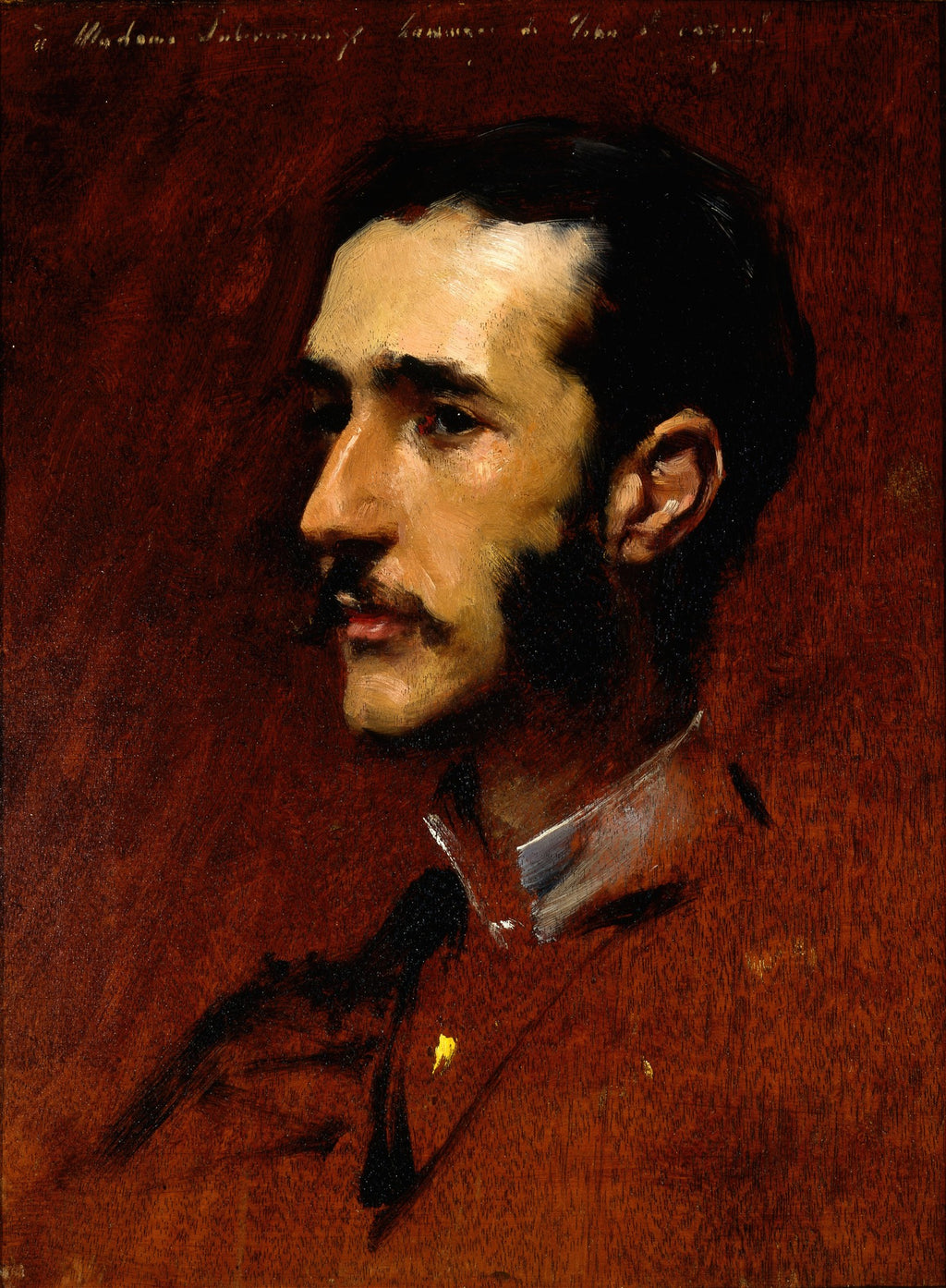 Retrato de um homem de perfil, com barba e bigode, em tons de marrom e vermelho escuro, obra de John Singer Sargent.