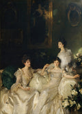 Retrato a óleo de John Singer Sargent, 'As Irmãs Wyndham', mostrando três mulheres elegantemente vestidas em tons claros, sentadas em um sofá verde escuro. O fundo escuro contrasta com a iluminação suave dos rostos e vestidos.
