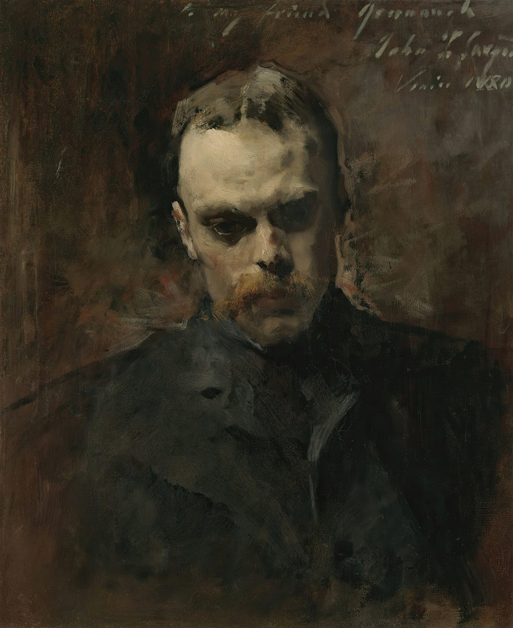 Retrato a óleo de John Singer Sargent, mostrando um homem com bigode, olhar profundo e expressão séria, em tons escuros e terrosos.