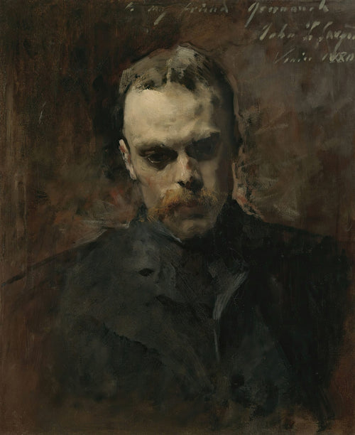 Retrato a óleo de John Singer Sargent, mostrando um homem com bigode, olhar profundo e expressão séria, em tons escuros e terrosos.
