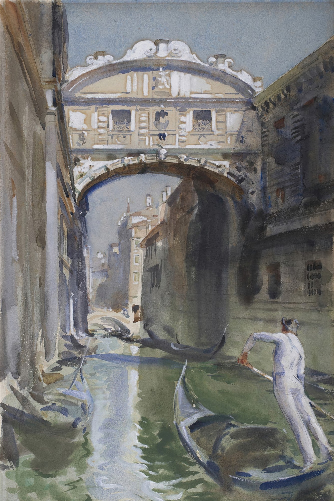 Aquarela de John Singer Sargent mostrando a Ponte dos Suspiros em Veneza, com um gondoleiro em primeiro plano e reflexos na água.