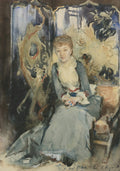 Retrato em aquarela de uma jovem mulher sentada, com vestido azul acinzentado e blusa branca, em frente a um biombo decorado com padrões abstratos. A obra é atribuída a John Singer Sargent.