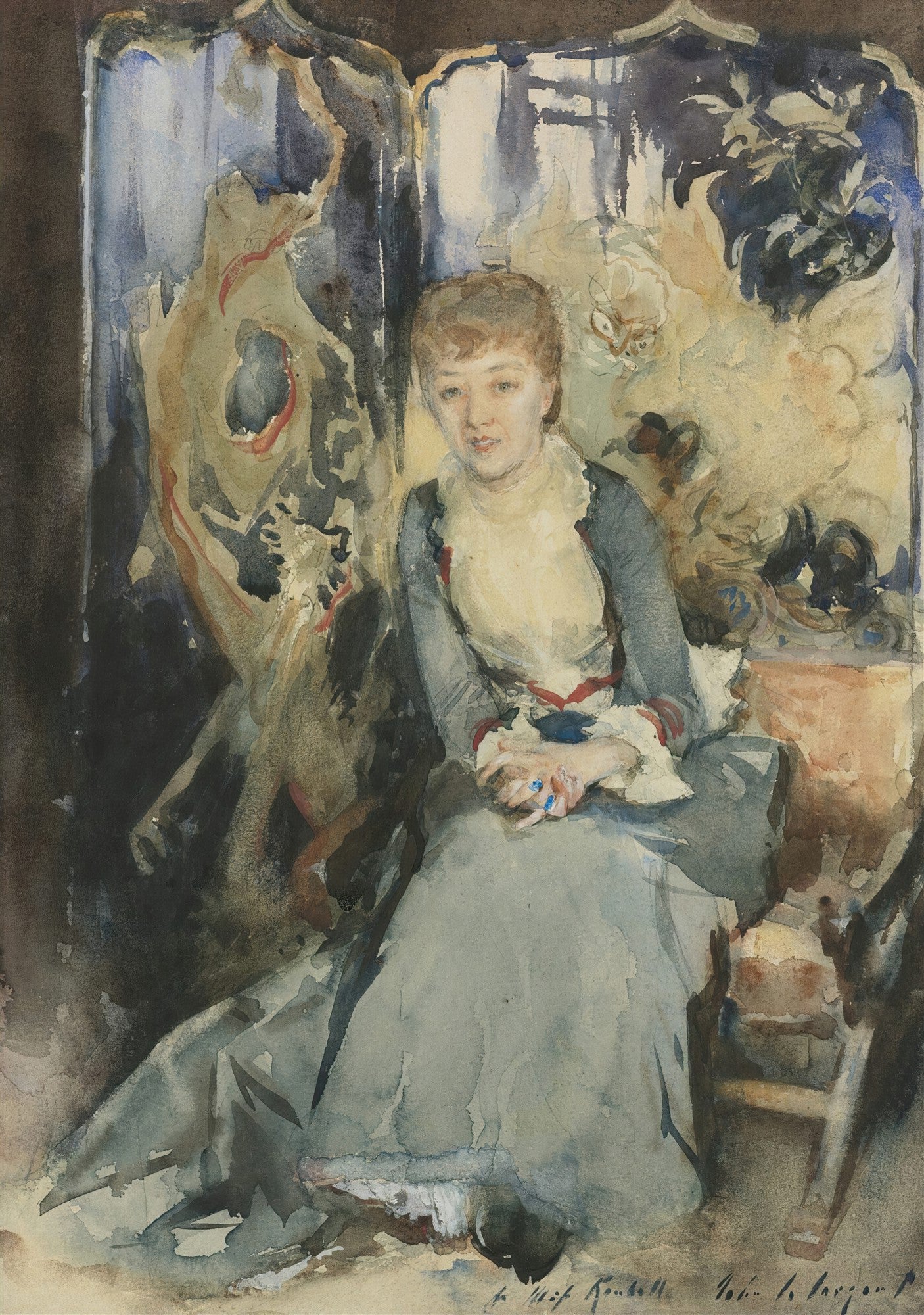 Retrato em aquarela de uma jovem mulher sentada, com vestido azul acinzentado e blusa branca, em frente a um biombo decorado com padrões abstratos. A obra é atribuída a John Singer Sargent.