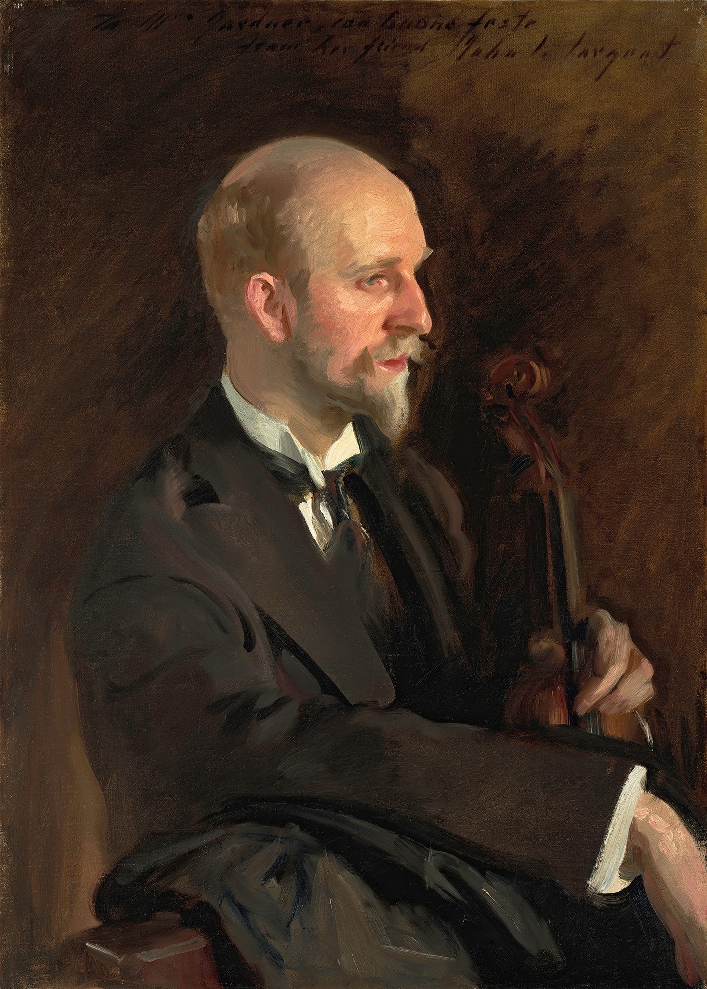 Retrato a óleo de um homem calvo com barba rala, segurando um violino, pintado por John Singer Sargent. A obra tem tons escuros e iluminação dramática.