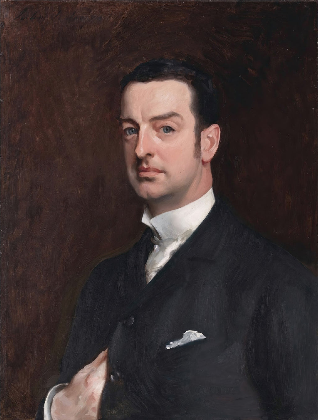 Retrato de W. Graham Robertson de John Singer Sargent, mostrando um homem de terno escuro com camisa branca e olhar sério, em um fundo marrom. Uma pintura a óleo clássica.