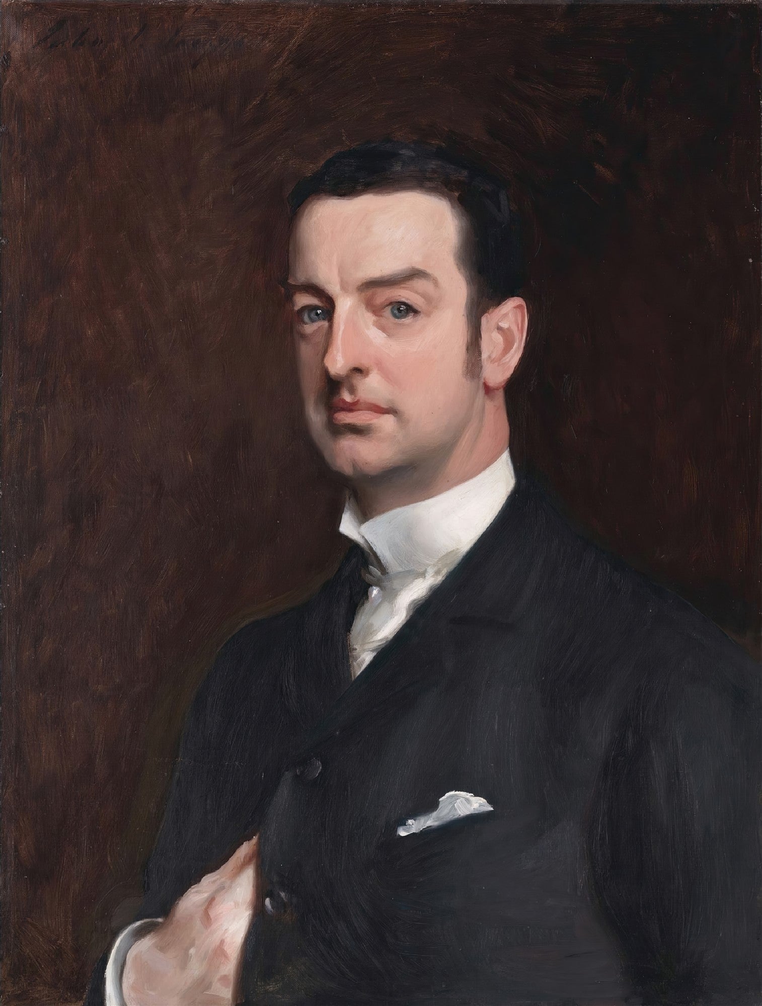 Retrato de W. Graham Robertson de John Singer Sargent, mostrando um homem de terno escuro com camisa branca e olhar sério, em um fundo marrom. Uma pintura a óleo clássica.