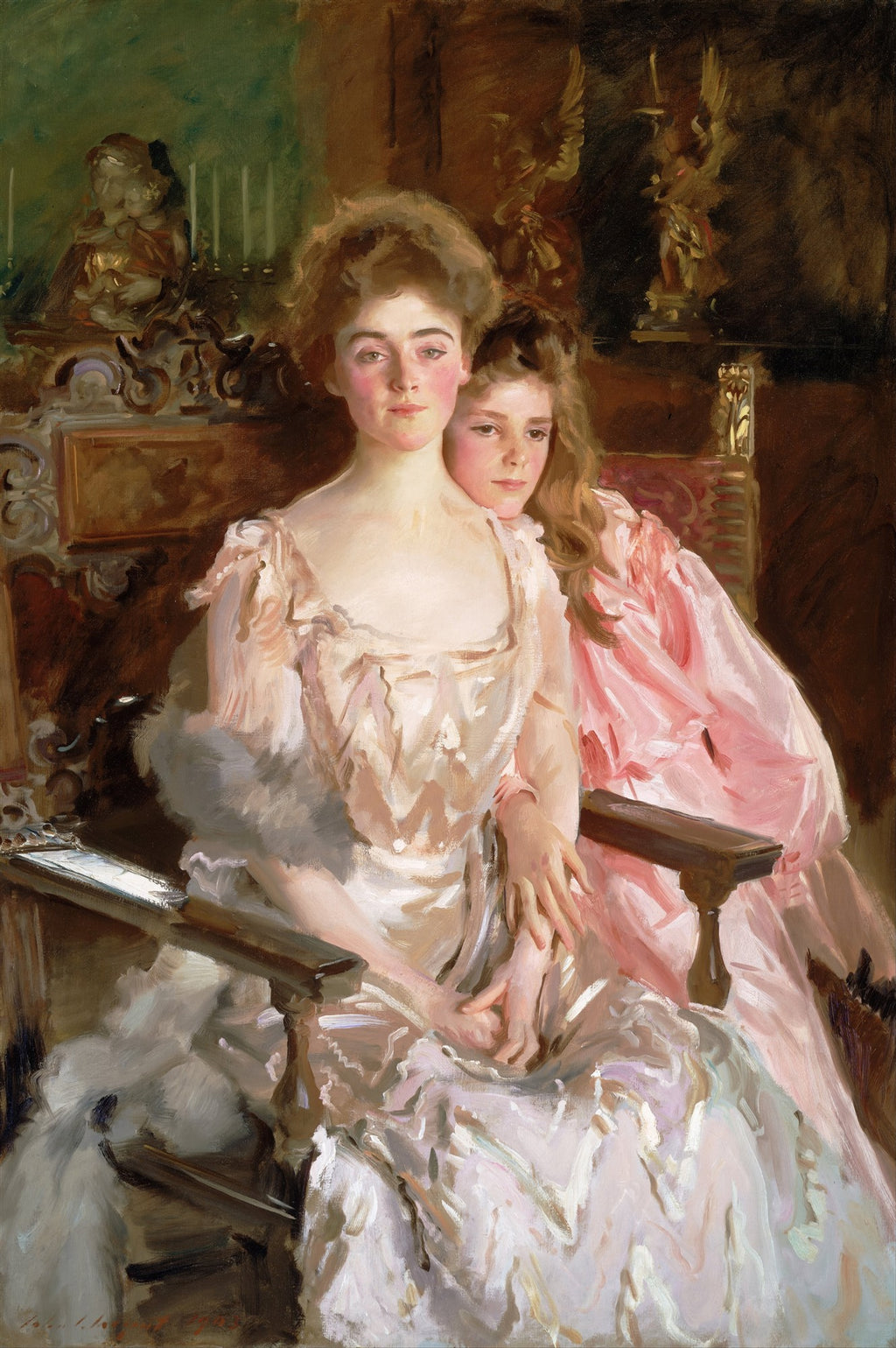Retrato a óleo de John Singer Sargent, mostrando uma mulher jovem de vestido claro sentada com uma menina de vestido rosa encostada nela, em um ambiente decorado com esculturas douradas. A mulher olha fixamente para frente, enquanto a menina olha para o lado.